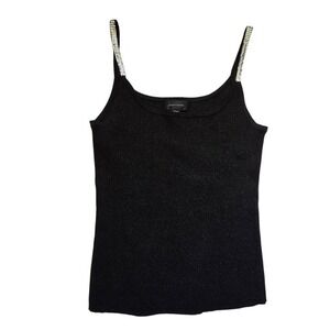 Vtg Pointelle 90s Y2K Shimmer Tank Top Womens SM Black Silk-Blend Metallic Studs